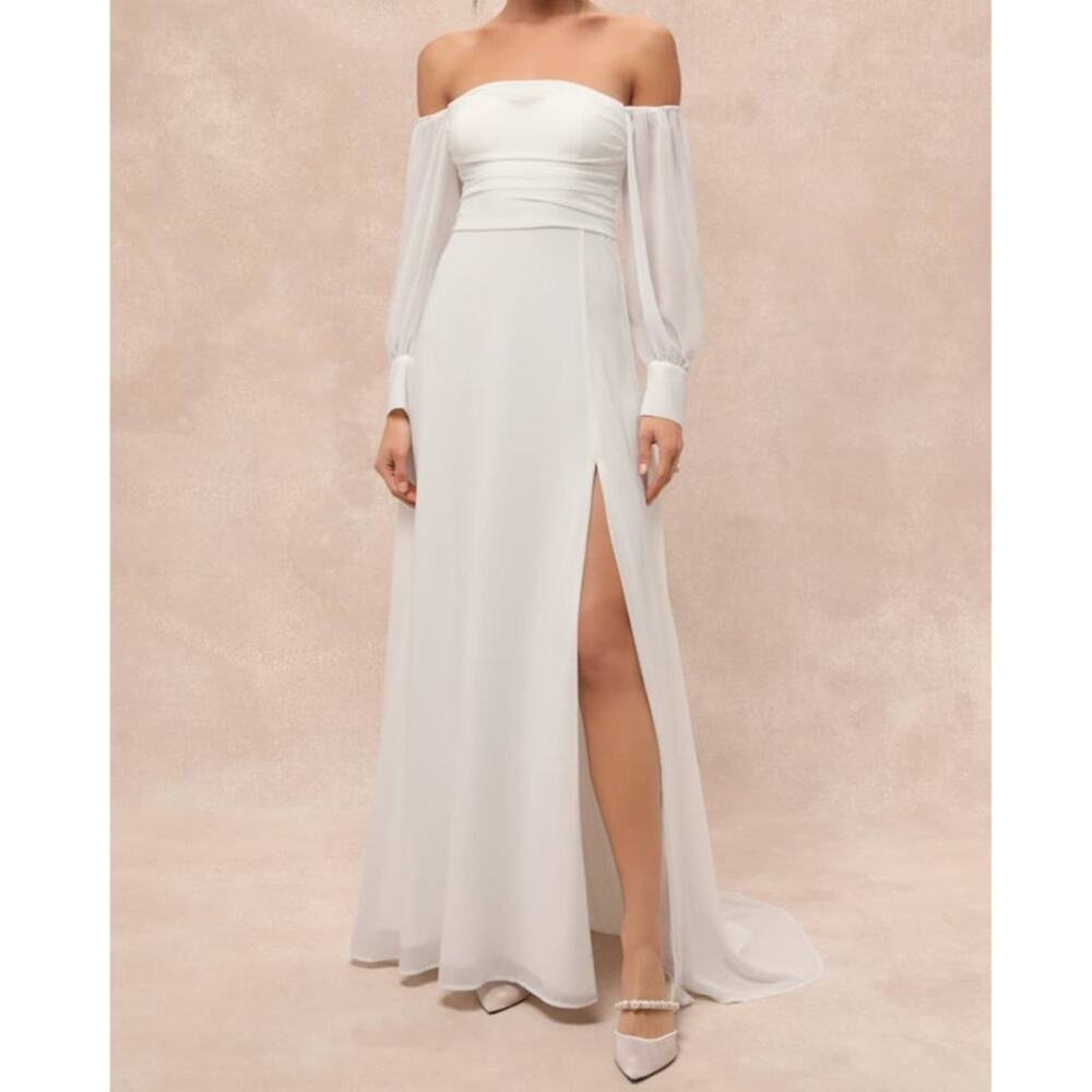 NEW Lulus Adorna White Off-the-Shoulder Semi-Sheer Button Chiffon Maxi Dress XL